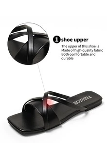 Wide Fit, 2025 Summer Women Square Toe Flat Sandals | Minimalist Criss-Cross Strap Slip-On | Lightweight Soft Bottom Breathable Design | Cushioned Insole Beach & Daily Comfortable Sandals - Black - View 7