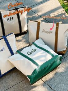 1pc Personalized Embroidered Canvas Tote Bag/Custom Initial/Bridesmaid Gift/Embroidered Name Tote Bag/Fashionable Custom Tote Bag/Unique Gift Idea, Christmas Gift, Best Friend Gift, Sorority Gift - Multicolor - View 12