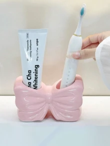 1个少女蝴蝶结牙刷架，陶瓷浴室梳妆台收纳架，适用于电动牙刷和牙膏， - 彩色 - 查看 4