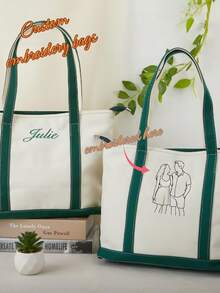 1pc Personalized Embroidered Canvas Tote Bag/Custom Initial/Bridesmaid Gift/Embroidered Name Tote Bag/Fashionable Custom Tote Bag/Unique Gift Idea, Christmas Gift, Best Friend Gift, Sorority Gift - Multicolor - View 9