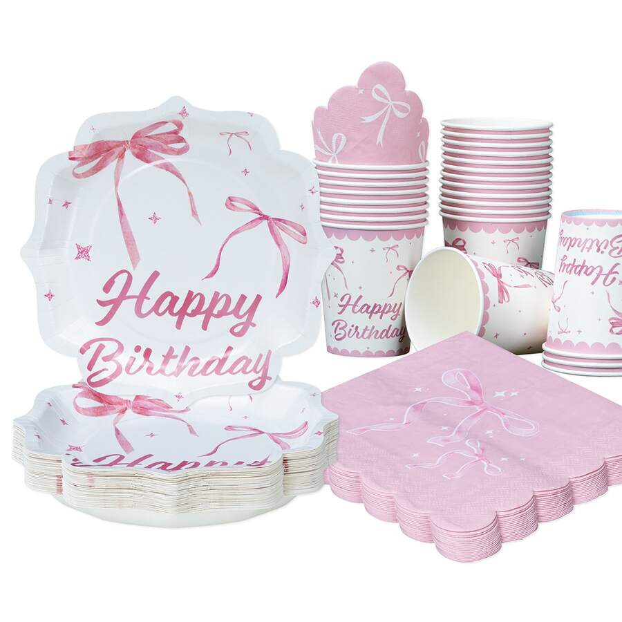 10pcs/25pcs Set Disposable Tableware, 7inch/9inch Pink Bow Flower Shaped Disposable Paper Plates Party Supplies Set, Happy Birthday Disposable Plates Cups And Napkins, Party Decorations, Disposable Party, Birthday Party Gathering, Gift Party, Celebration Decorations