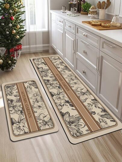 1pc Cream Floral & English Letter Pattern Vintage European Style Kitchen Absorbent Floor Mat/Carpet Set, Approx. 3mm Thick, Washable, Suitable For Kitchen, Bathroom, Entryway, Laundry Room, Study, Living Room, Bedroom, Hallway
