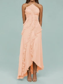 Women's Boho Halter Backless Maxi Dress Sleeveless High Waist Ruffled Party Prom Evening Dresses - 藕粉色 - 查看 1