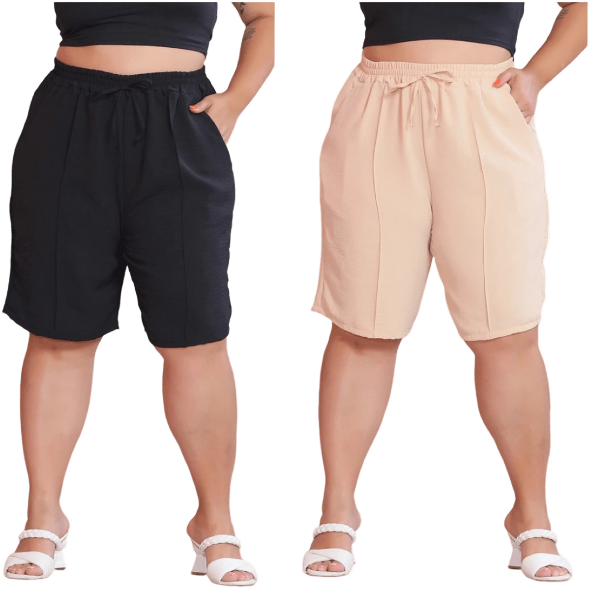 2-Piece Women's Bermuda Shorts Plus Size Duna Fabric Comfortable Fashion Kit - 黑色與裸色 - 查看 1