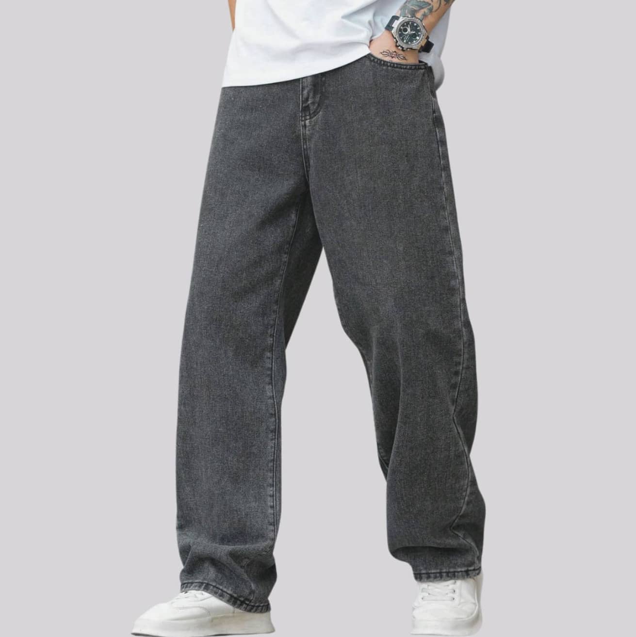 Calça Balão Calca Denim Masculina Bag Boca Larga Streetwear Estonada Cinza Grafite