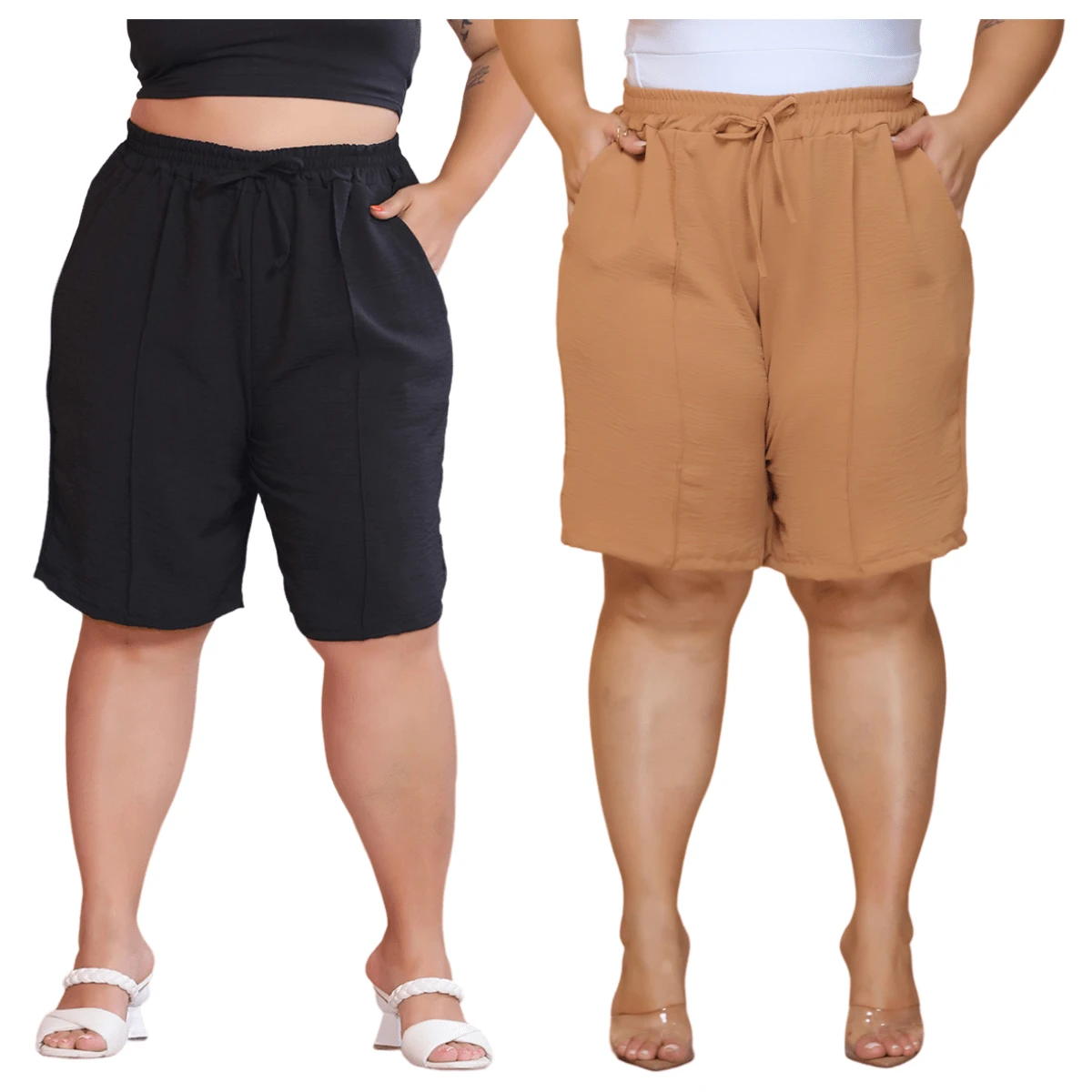 2-Piece Women's Bermuda Shorts Plus Size Duna Fabric Comfortable Fashion Kit - 黑色和棕色 - 查看 1