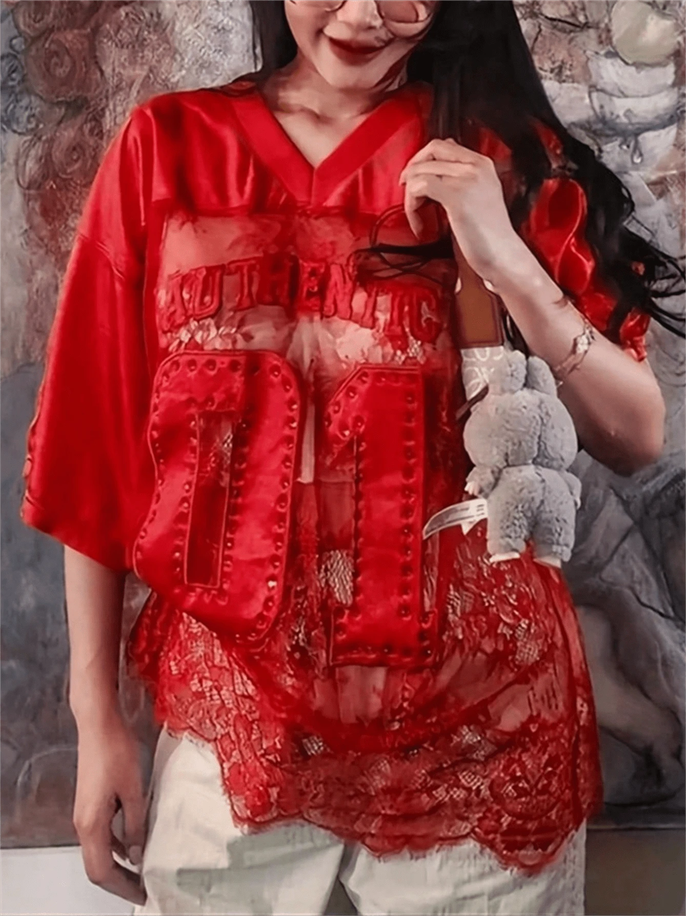 Mantos Summer Women's Letter Rhinestone Lace Jersey Tops Midnight Party Wear V-Neck Half Sleeve See Through T-Shirt - 紅色 - 查看 1