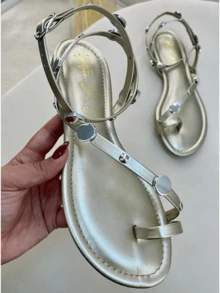 Pegada da Onca Calcados New Women's Flat Sandal With Metallic Applique And Side Adjustment Straps At Ankle - 淺金色 - 查看 7