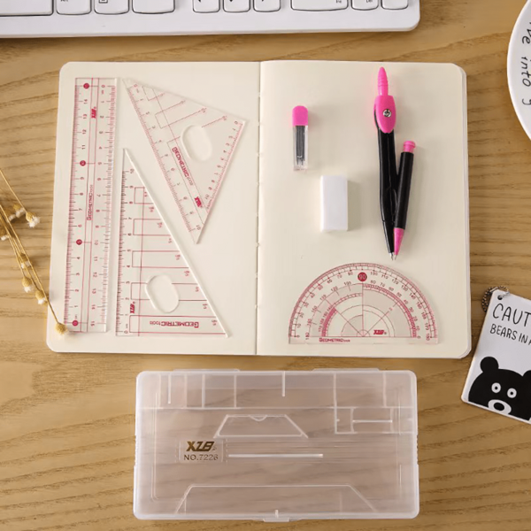 8 Piece Clear Plastic Geometric Compass & Ruler Set - Durable Drawing Tool Kit With Protractor, Triangle & Eraser For School & Art Projects