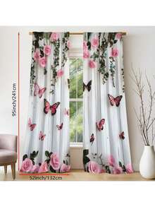 2 Pcs Pink Rose Butterfly Print Curtains, Blackout Easy Care Privacy Curtain Set, Curtains With Rod Cover For Bedroom, Living Room, Dormitory, Office, Valentine's Day Gift, Home Decor - 彩色 - 查看 9