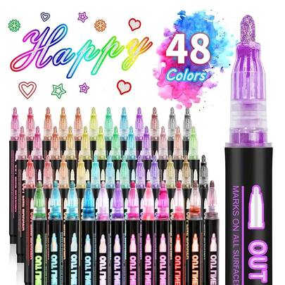 Double Line Outline Permanent Marker, 8/12/24/36/48 Colors Wave Glitter Marker Set, Self-Contour Metallic Marker Pens For Art, Painting, Graffiti, Card Making, Christmas Cards, DIY Crafts,Stationery