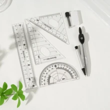 8 Piece Clear Plastic Geometric Compass & Ruler Set - Durable Drawing Tool Kit With Protractor, Triangle & Eraser For School & Art Projects