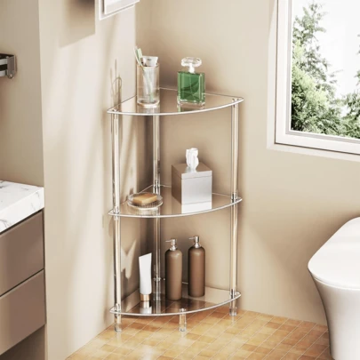 透明三角形亚克力角架，适用于小空间，客厅、卧室、浴室边桌收纳架