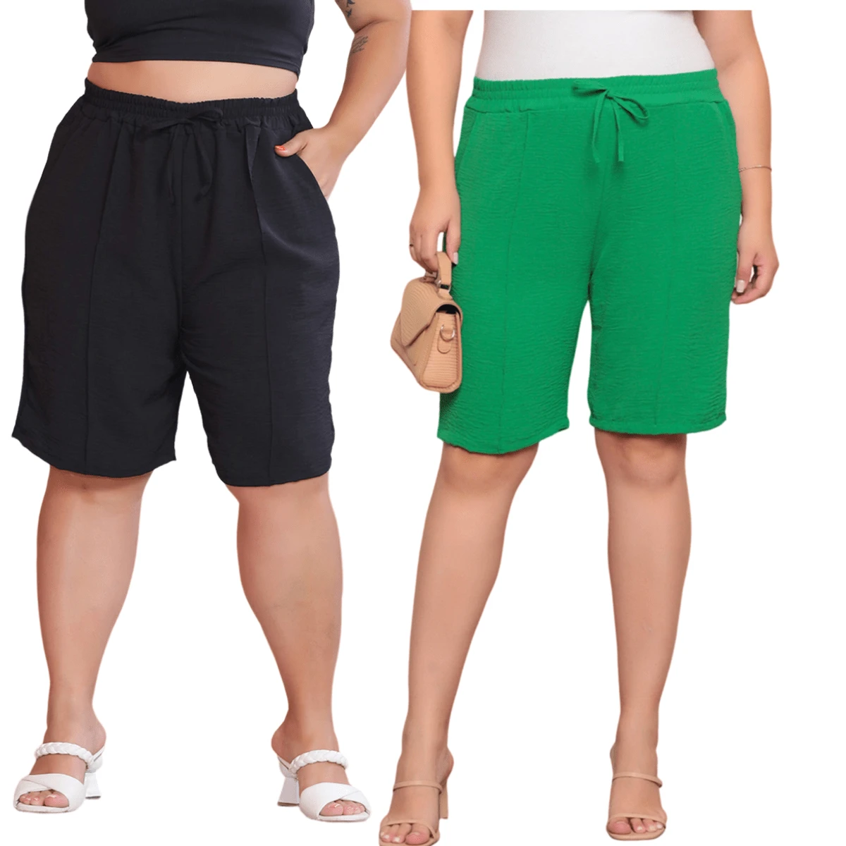 2-Piece Women's Bermuda Shorts Plus Size Duna Fabric Comfortable Fashion Kit - 黑綠旗 - 查看 1