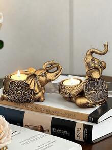 1 pieza Soporte de vela de elefante vintage dorado - Figura decorativa esculpida en posición sentada o acostada, soporte de luz de té para dormitorio, sala de estar, regalo de graduación o inauguración de la casa - Multicolor - Ver 8