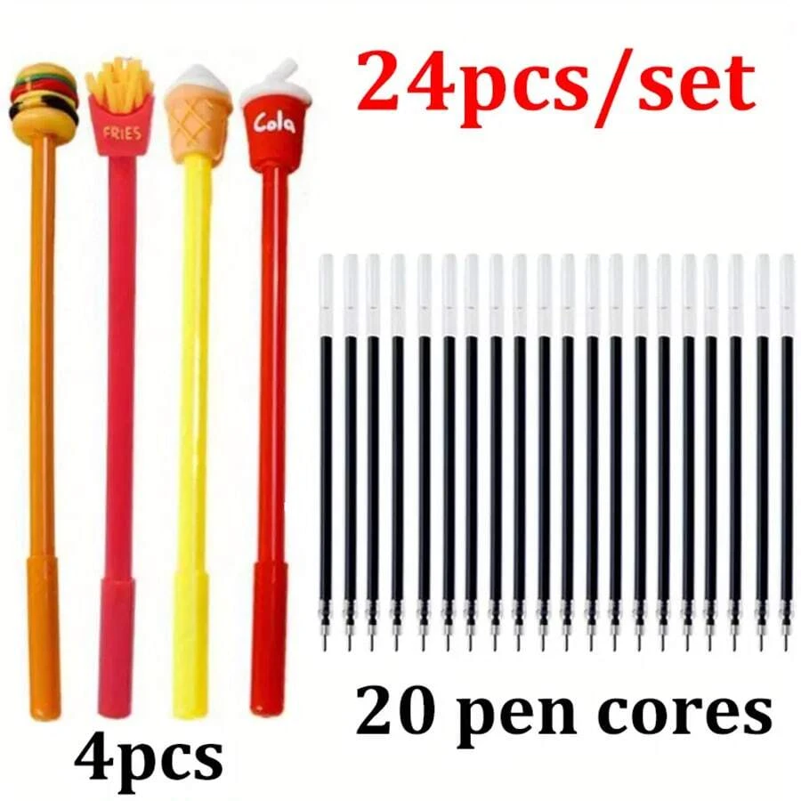24 Creative Soft Rubber French Fries Burger Gel Pens - 0.5mm Black Replacement Core, Quick-Drying Medium Pen Tip, Fun Food-Themed Design For Office, School And Study Supplies - Perfect Birthday Gift, Office Supplies/Fun Design/Durable Plastic, Cute Pen