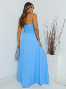 Long Dress With Zero Sleeves And Flower Detail On The Sleeve In Wedding Fabric - 淺藍色 - 查看 2