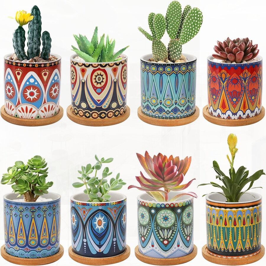 8 Pack Boho Ceramic Planter Pots With Bamboo Trays, 3 Inch Small Flower Pots With Drainage - Decorative Geometric, Floral, And  Designs