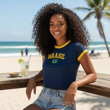 Retro Embroidered Brazilian Flag Crop Top - No State - Navy Blue - View 5