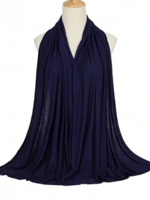 1件加大码针织头巾/披肩，柔软休闲纯色女士围巾，适合搭配连衣裙 - 深藍 - 查看 4