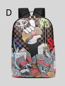 1 pieza Mochila universitaria casual con graffiti, de gran capacidad, con estampado de dibujos animados, estampado de moda casual, estampado de letras, estampado de graffiti, bolso para hombres, adecuado para vacaciones, deportes, viajes, vintage, puede contener archivos, portátil, uso en el gimnasio