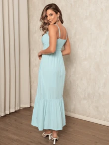 Elegant Women's Midi Dress In Viscose With Padded Cups, Lining, Adjustable Straps And Front Buttons - 薄荷藍 - 查看 2