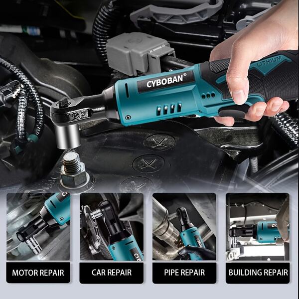 CYBOBAN مفتاح ربط كهربائي قابل للشحن بطول عنق 6 سم، 12 فولت، مجموعة مفتاح ربط كهربائي مع بطاريتين ليثيوم أيون 2.0 أمبير في الساعة، 4 ملحقات، منفذ USB، طراز جديد، مساعد جيد لإصلاحات المنزل