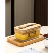 1pc Acacia Wood Lid Glass Butter Dish Set. Thick Glass Butter Container With Bamboo Lid For Home Kitchen, Large Butter/Cookie/Snack Storage, Suitable For Gifts, Christmas Present