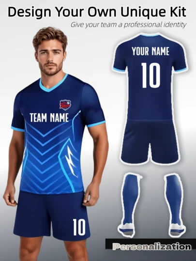 2pcs Personalized Navy Blue Gradient Soccer Uniform Set - Customizable With Name, Number, And Team Insignia | Moisture - Wicking Fabric For Comfort During Play | Displays Patterns And Matching Trims | Full Kit With Jersey, Shorts | Perfect For Those Wanting A Custom, Polished Look On The Pitch, Halloween, Thanksgiving, Christmas And New Year Gifts