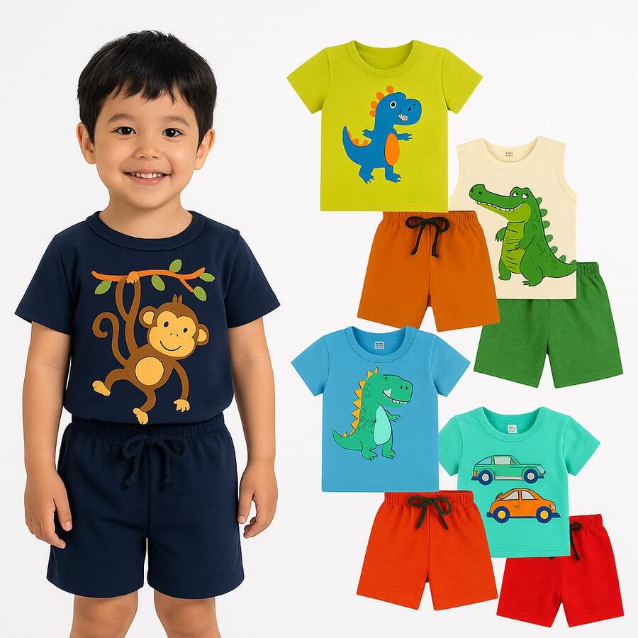 10 Peças - Conjuntos para Menino Verão Sortidos - Kit 5 Camisas + 5 Bermudas : 10 Peças Pronta Entrega Sortidas - Moda Criança Menino - Multicolorido - Visão 1