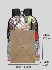 1 pieza Mochila universitaria casual con graffiti, de gran capacidad, con estampado de dibujos animados, estampado de moda casual, estampado de letras, estampado de graffiti, bolso para hombres, adecuado para vacaciones, deportes, viajes, vintage, puede contener archivos, portátil, uso en el gimnasio