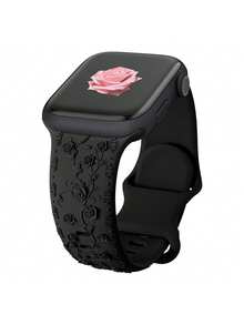 Silicone Strap Compatible With Apple Watch Utltra 2 Band 40mm 44mm 41mm 38mm 45mm 42mm 49mm Women's Silicone Replacement Bands Rose Flower Pattern Engraved Band Compatible With Apple Watch 9 Band 8 7 6 5 4 3 2, Compatible With Apple Watch Band Soft Cute Stylish - Black - View 12