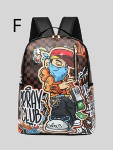 1 pieza Mochila universitaria casual con graffiti, de gran capacidad, con estampado de dibujos animados, estampado de moda casual, estampado de letras, estampado de graffiti, bolso para hombres, adecuado para vacaciones, deportes, viajes, vintage, puede contener archivos, portátil, uso en el gimnasio