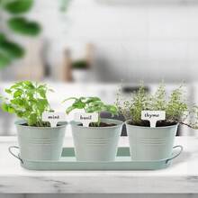 Indoor Herb Planter Set With Tray - Metal Windowsill Pot With Drainage & Plug For Outdoor Garden, Light Green