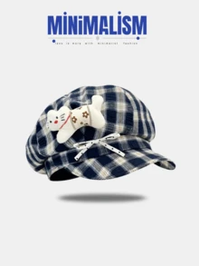 1 buc șapcă drăguță în carouri, pisică adorabilă din pluș și fundă, beretă în stil vintage, accesoriu de cap toamnă/iarnă, accesoriu de modă casual de zi cu zi și în aer liber pentru adolescenți și adulți