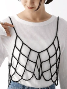 ملابس علوية كامي قصير بحمالات لؤلؤية، بتصميم ياباني حلو وأنثوي للنساء، قابل للتنوع والبساطة - الأسود - مشاهدة 2