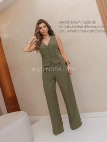 SJD MODA LADY Luis Twil Social Chic Set Vest With Fake Pocket And Pants - xanh quân đội - Xem 3