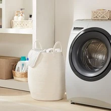 1pc Bohemian Style Laundry Basket, Large Woven Clothes Basket, 22 Inches High With Extended Handles, Hand-Woven Storage Basket, Suitable For Bedroom And Bathroom Use, Foldable, Fabric Material, Open Design, Storage Basket, Suitable For Placing Blankets, Toys, Pillows, Towels And Baby Supplies Cradle. - Multicolor - View 8