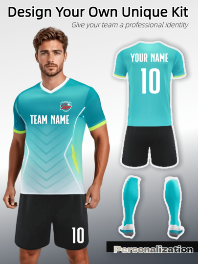 2pcs Personalized Turquoise Gradient Soccer Uniform Set - Customizable With Name, Number, And Team Logo | Breathable Quick - Dry Fabric For Optimal Performance | Features Stylish Patterns And Contrast Trims | Complete Kit With Jersey, Shorts | Ideal For Teams And Individual Players Seeking A Unique, Vibrant Look On The Field, Halloween, Thanksgiving, Christmas And New Year Gifts
