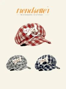 1 buc șapcă drăguță în carouri, pisică adorabilă din pluș și fundă, beretă în stil vintage, accesoriu de cap toamnă/iarnă, accesoriu de modă casual de zi cu zi și în aer liber pentru adolescenți și adulți