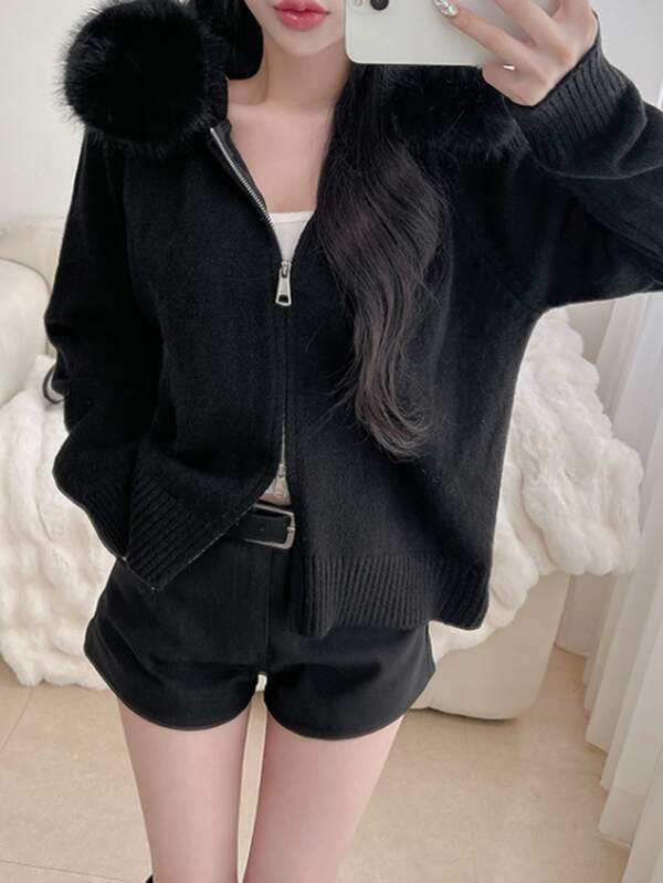 Women's Fur Collar Hooded Sweater Jacket, Korean Slouchy, Petite Knit Top For Autumn/Winter