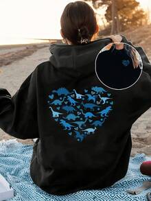 Women's Stylish, Reversible Blue Dinosaur And Heart Print Hoodie. Comfortable Women's Pullover Hoodie Perfect For Casual Street Wear. - màu đen - Xem 1