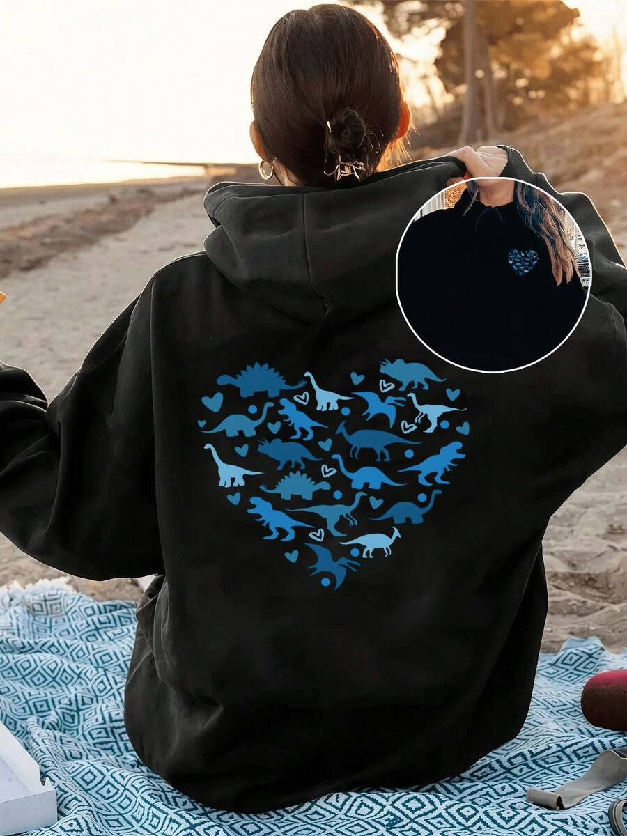 Women's Stylish, Reversible Blue Dinosaur And Heart Print Hoodie. Comfortable Women's Pullover Hoodie Perfect For Casual Street Wear. - màu đen - Xem 1