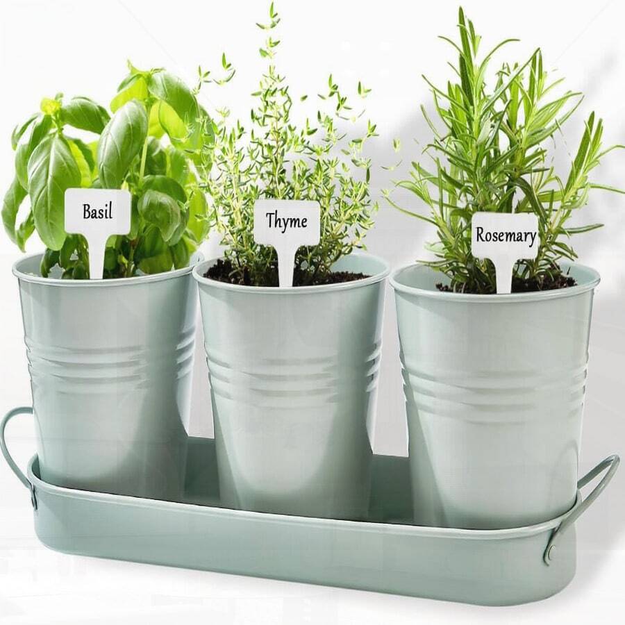 Indoor Herb Planter Set With Tray - Metal Windowsill Pot With Drainage & Plug For Outdoor Garden, Light Green