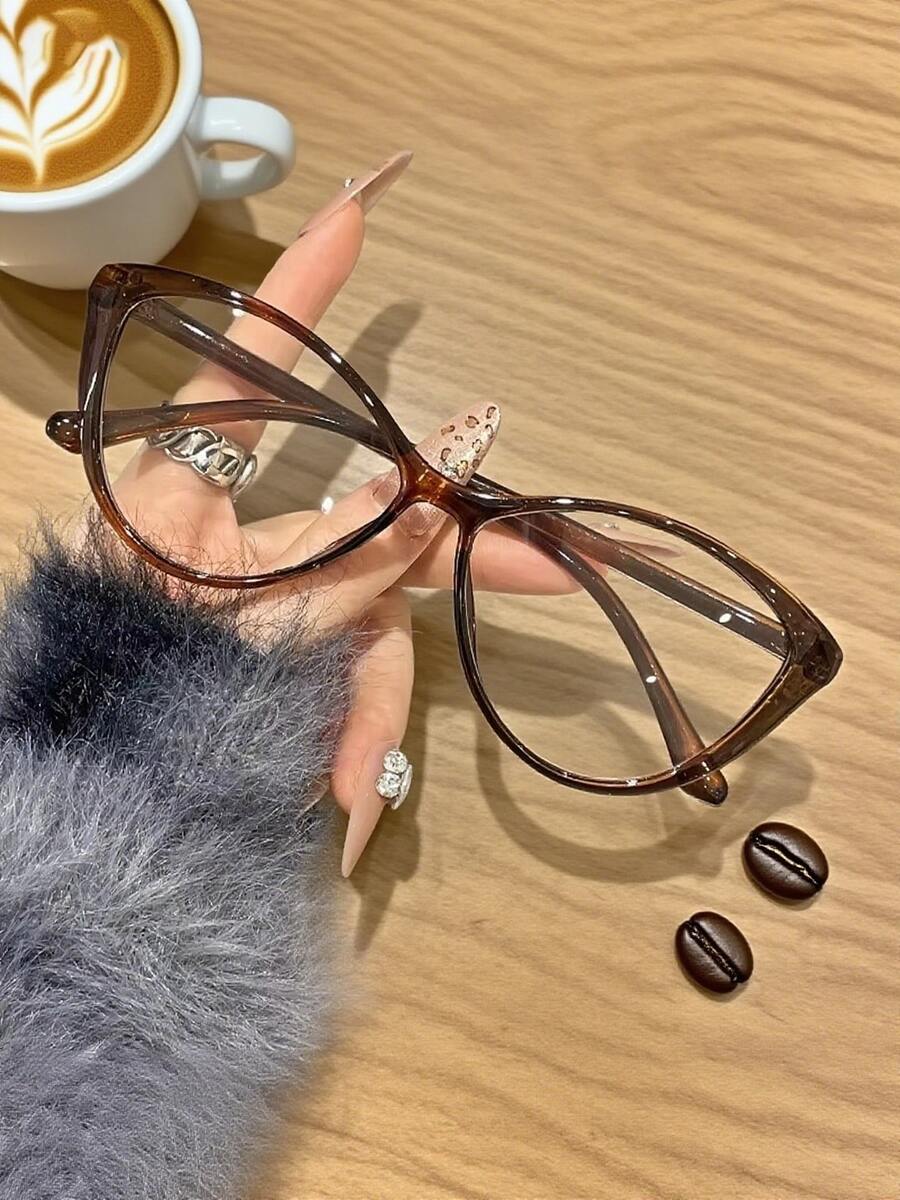 1 Pair Women's Blue Light Inhibiting Eyewear - Vogue Cat Eye Big Frame Glasses For Computer Use & Vision Protection | Back To School, Fall, Christmas - Brown - View 1