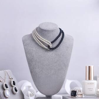 1pc European & American Black & White Criss-Cross Handmade Faux Pearl Necklace, Fashionable Daily Wear