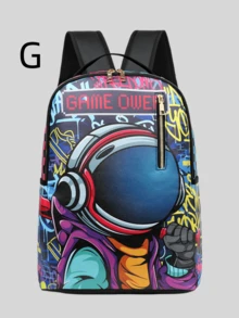 1 pieza Mochila universitaria casual con graffiti, de gran capacidad, con estampado de dibujos animados, estampado de moda casual, estampado de letras, estampado de graffiti, bolso para hombres, adecuado para vacaciones, deportes, viajes, vintage, puede contener archivos, portátil, uso en el gimnasio