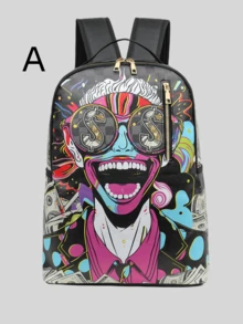 1 pieza Mochila universitaria casual con graffiti, de gran capacidad, con estampado de dibujos animados, estampado de moda casual, estampado de letras, estampado de graffiti, bolso para hombres, adecuado para vacaciones, deportes, viajes, vintage, puede contener archivos, portátil, uso en el gimnasio