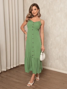 Elegant Women's Midi Dress In Viscose With Padded Cups, Lining, Adjustable Straps And Front Buttons - 橄欖綠 - 查看 1