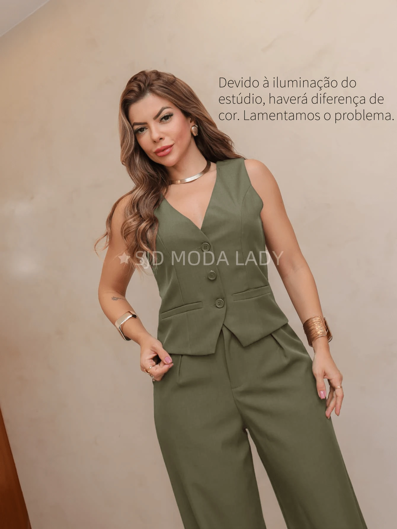 SJD MODA LADY Luis Twil Social Chic Set Vest With Fake Pocket And Pants - xanh quân đội - Xem 1